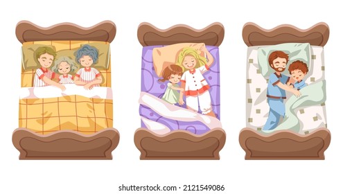 Vector cartoon illustration sleeping concept. Adequate sleep is the best rest. The family Husband, wife and child sleep sweet dreams in bed in his home.
