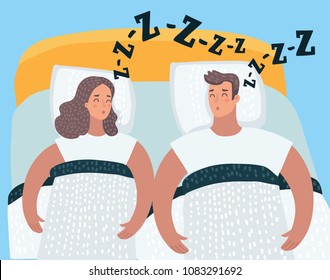 Vector cartoon illustration of Sleeping couple in bed. Snoring man and woman.