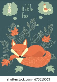 Vector cartoon illustration of a sleepy little fox. Fox dream . Vintage. Doodle