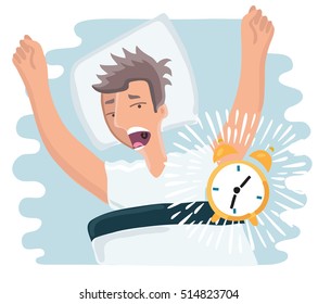 Vector cartoon illustration of slept through man woke up, the alarm clock is ringing, man screaming