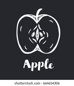 Vector cartoon illustration of sliced half Apple Silhouette outline drawing of half of apple in white on black background. Hand drawn lettering name