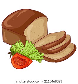 Vector cartoon illustration of sliced rye brown square bread with tomato isolated on white. Fresh pastry, baked bread. Baked goods food Icon. Design for cookbook, restaurant business.