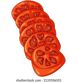 Dibujo vectorial de piezas de tomate en rodajas aisladas en blanco. Verduras frescas. Comida vegetariana saludable, comida dietética. Icono de comida. Diseño para libros de cocina, restaurantes.