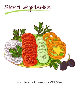 Vector cartoon illustration of sliced vegetables on a plate isolated on white. Healthy vegetarian food, diet meal. Food Icon. Design for cookbook, restaurant business.