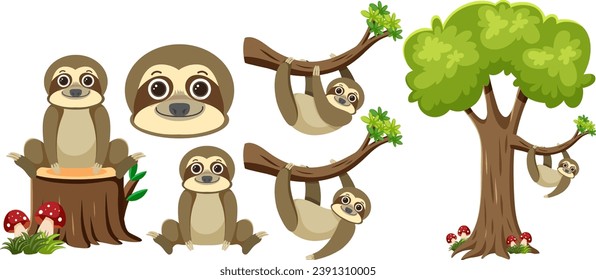 Vector cartoon illustration of a sloth hanging on a branch surrounded by tree elements