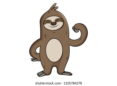 Vector cartoon illustration of sloth show his arm muscles. Isolated on white background.