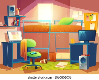 Vector Cartoon Illustration Of Small Dorm Room, Dormitory Interior Inside, Hostel Bedroom. Cozy Apartment For Students In College Campus With Furniture, Bunk Bed, Armchair, Bookshelf, Computer