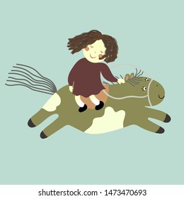 Vector cartoon Illustration of small girl riding a pony on the blue background. Cute funny Girl riding a horse.Childish print for nursery,  apparel, poster, postcard and child's room, and ect.