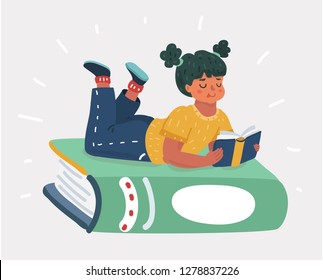 Vector cartoon illustration of Small kid holding open books and reading. Human character on white bakcground.