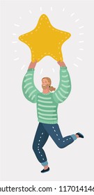 Vector cartoon illustration of sman hold a big gold star. Victory, rating. Human character on white background.