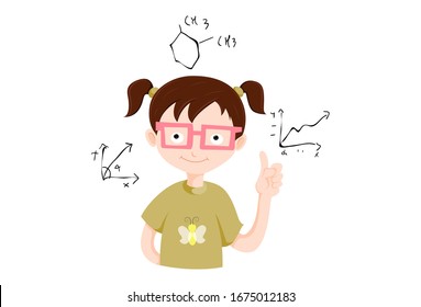 Vector cartoon illustration of smart girl. Isolated on white background.