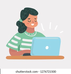 Vector cartoon illustration of Smart little girl using her laptop to learn, games, blogging. Internet, security concept. Human character on white bakcground.