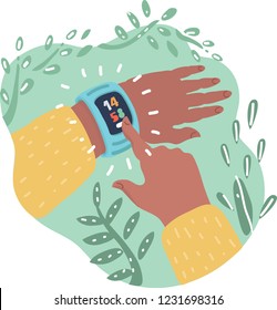 Vector cartoon illustration of Smart Watch setup on hand.