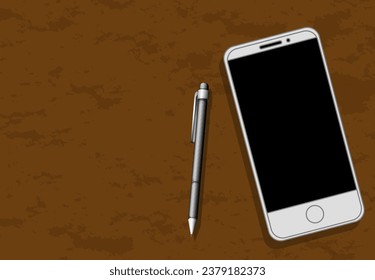 A vector cartoon illustration of a smartphone and pen on a brown background