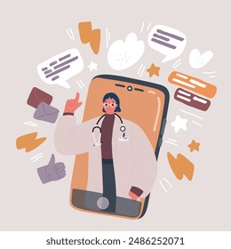 Vector cartoon illustration of smartphone screen with female therapist on online consultation. Ask doctor. Online medical advise or consultation service, tele medicine, cardiology