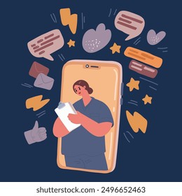 Vector cartoon illustration of smartphone screen with female therapist on online consultation. Ask doctor. Online medical advise or consultation service, tele medicine, cardiology over dark backround