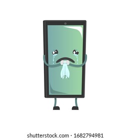 Vector cartoon illustration of a smartphone. Sticker and icon. Green, upset, crying smartphone with a napkin in hand
