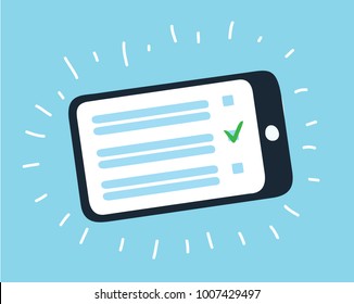 Vector cartoon illustration of Smartphone, Tablet with checkmark on display. Mobile phone with green tick. Checkbox on it. Remote vote, test. Concept survey done, accept, vote checkbox, yes button.