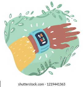 Vector cartoon illustration of Smartwatch computer accessory for timekeepnig and basic tasks wristwatch on hand.