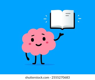 Vector cartoon illustration of smile brain with open book in hand on blue color background. Flat doodle style education design of cute happy brain character read book for web banner, poster, card