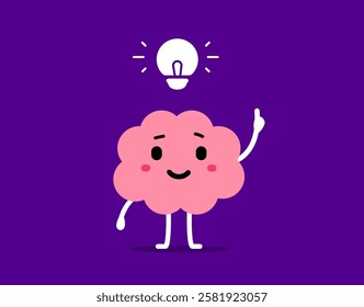 Vector cartoon illustration of smile brain character think creative idea. Flat doodle style design of cute happy pink brain with light bulb overhead and hand raised up with index finger for web, card