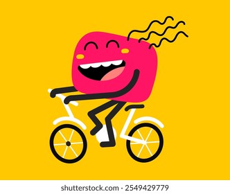 Ilustración de dibujos animados de Vector de sonrisa monstruo geométrico paseo en bicicleta sobre fondo de color amarillo. Diseño plano del garabato del niño del estilo abstracto lindo carácter feliz. Carácter del niño con la bicicleta