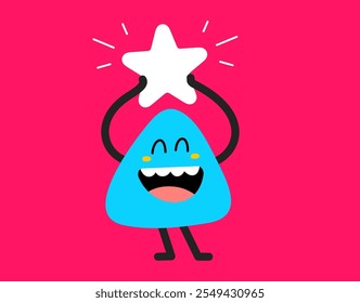 Vector cartoon illustration of smile geometric monster with star in hand on red color background. Flat style child doodle design of cute abstract shape happy character for web, site, banner, poster