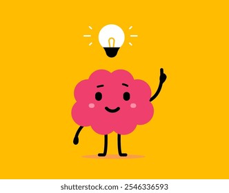 Vector cartoon illustration of smile pink brain character with light bulb and hand raised up with index finger on yellow background. Flat doodle style design of cute happy brain think creative idea