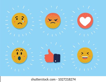 Dibujo vectorial de Smiley, conjunto de emoticonos. Cara amarilla con emociones. Expresión facial. Ánimo. Levántate, corazón, triste, enojado, riendo, llorando caras