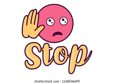 Vector cartoon illustration of smiley face  hand and stop text sticker. isolated on white background.