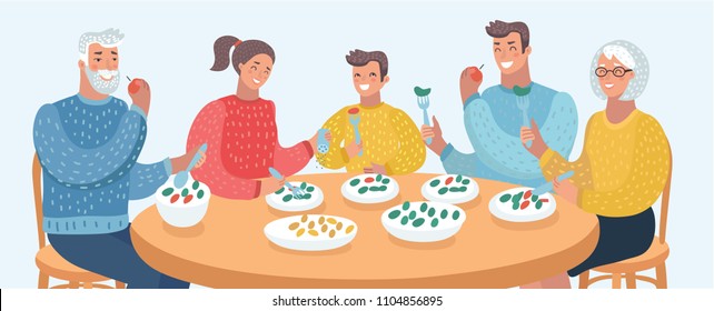 Vector cartoon illustration of Smiling big family having dinner in kitchen. Three generation at the table. Grandparents, Parents, Son, grandson. Human characters on white backround close view.