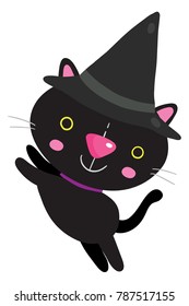 Vector cartoon illustration of smiling black cat wearing a witch hat for Halloween