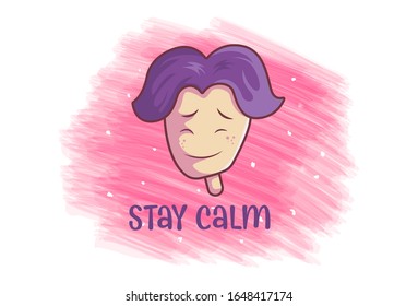 Vector cartoon illustration of the smiling boy. Lettering text- stay calm. Isolated on white background.
