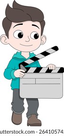 Vector cartoon illustration of a smiling boy holding a movie clapperboard with animated motion.