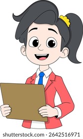 Vector cartoon illustration of a smiling businesswoman with dark hair in a ponytail, wearing a red blazer and blue tie, holding a brown folder
