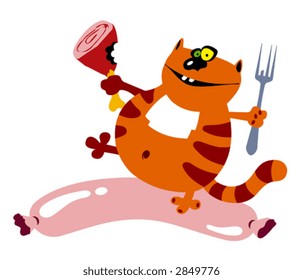 vector cartoon illustration of a smiling cat with meat and sausage