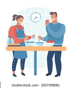 Vector cartoon illustration of smiling couple following recipe for healthy vegetable. Man an woman cooking meal together. Funny happy human characters.