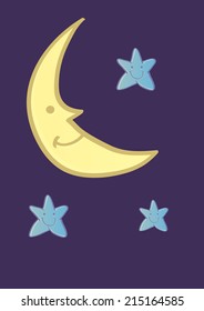 Vector cartoon illustration of a smiling crescent moon and three blue friendly stars on night sky