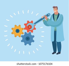 Vector cartoon illustration of Smiling Engineer configure setting gear with big wrench in his hands near. Repair, customize, spanner.