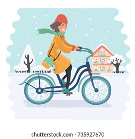 Vector cartoon illustration of smiling girl, ride on bicycle in snow landscape. Winter background.