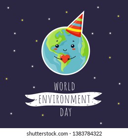 Vector cartoon illustration of smiling happy planet earth with heart in hands on space cosmic shiny stars background. World Peace. Happy Earth Day. World environment day