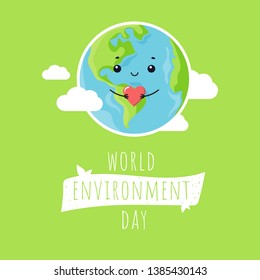 Vector cartoon illustration of smiling happy planet earth with heart in hands on green background. World Peace. Happy Earth Day. World environment day. For banner, poster, card