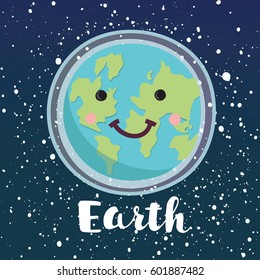 Vector cartoon illustration of smiling happy planet character on space cosmic shiny stars background. World Peace. Happy Earth Day. Hand drawn lettering name