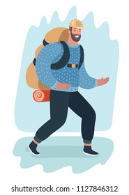 Vector Cartoon Illustration Of Smiling Hiker With Backpack Walking.