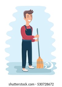 Vector Cartoon Illustration Smiling Janitor Sweeping Stock Vector ...