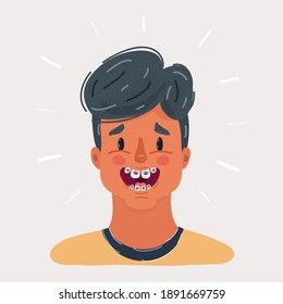 Vector cartoon illustration of smiling kid. Boy with braces on his teeth. Portrait on white background.