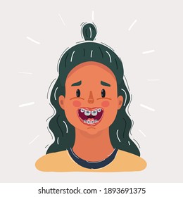 Vector cartoon illustration of smiling kid. Girl with braces on his teeth. Portrait on white background.