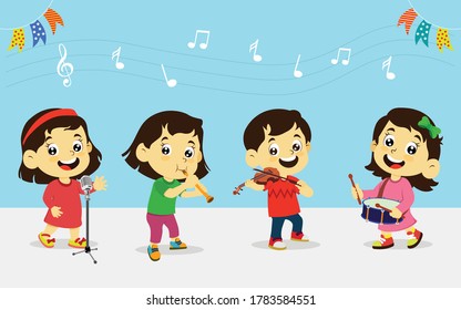 vector cartoon illustration of smiling kids playing musical instruments