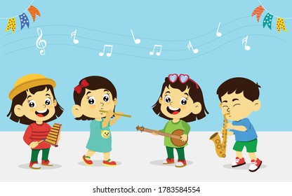 vector cartoon illustration of smiling kids playing musical instruments