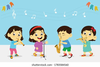 vector cartoon illustration of smiling kids playing musical instruments